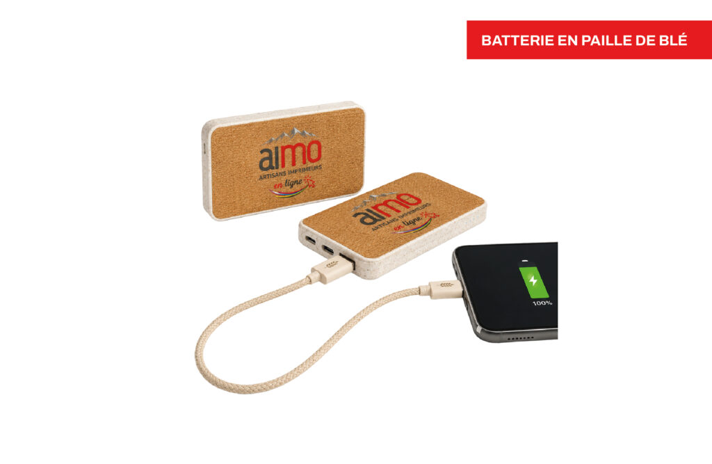 Batterie en paille de blé - Personnalisation powerbank, imprimé par Aimosa en Suisse