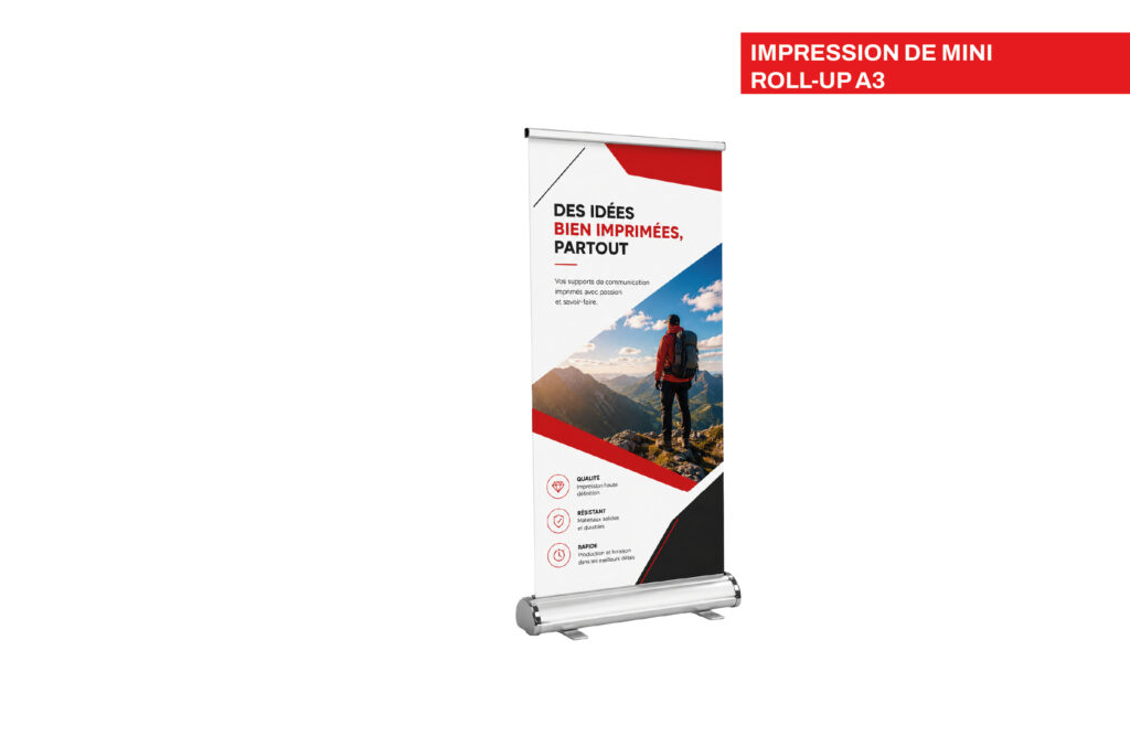 Impression de mini roll-up A3 ou A4, imprimé par Aimosa en Suisse