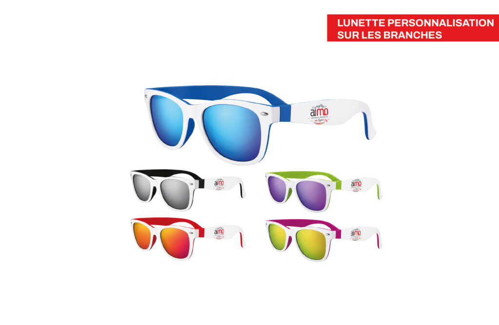 Lunette de soleil de couleur - Personnalisation sur les branches, imprimé par Aimosa en Suisse