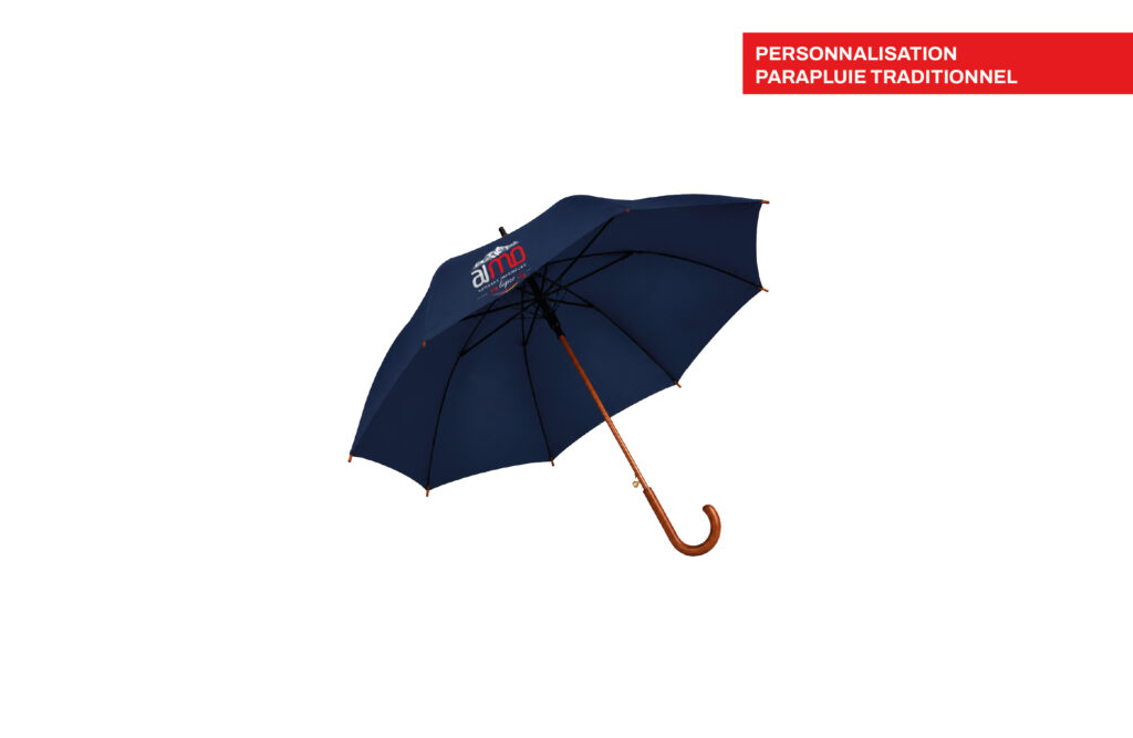 Personnalisation parapluie traditionnel élégant avec manche en bois, imprimé par Aimosa en Suisse