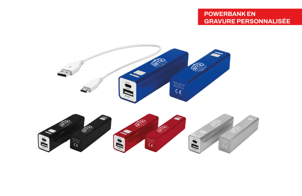 Batterie / Powerbank en gravure personnalisée, imprimé par Aimosa en Suisse