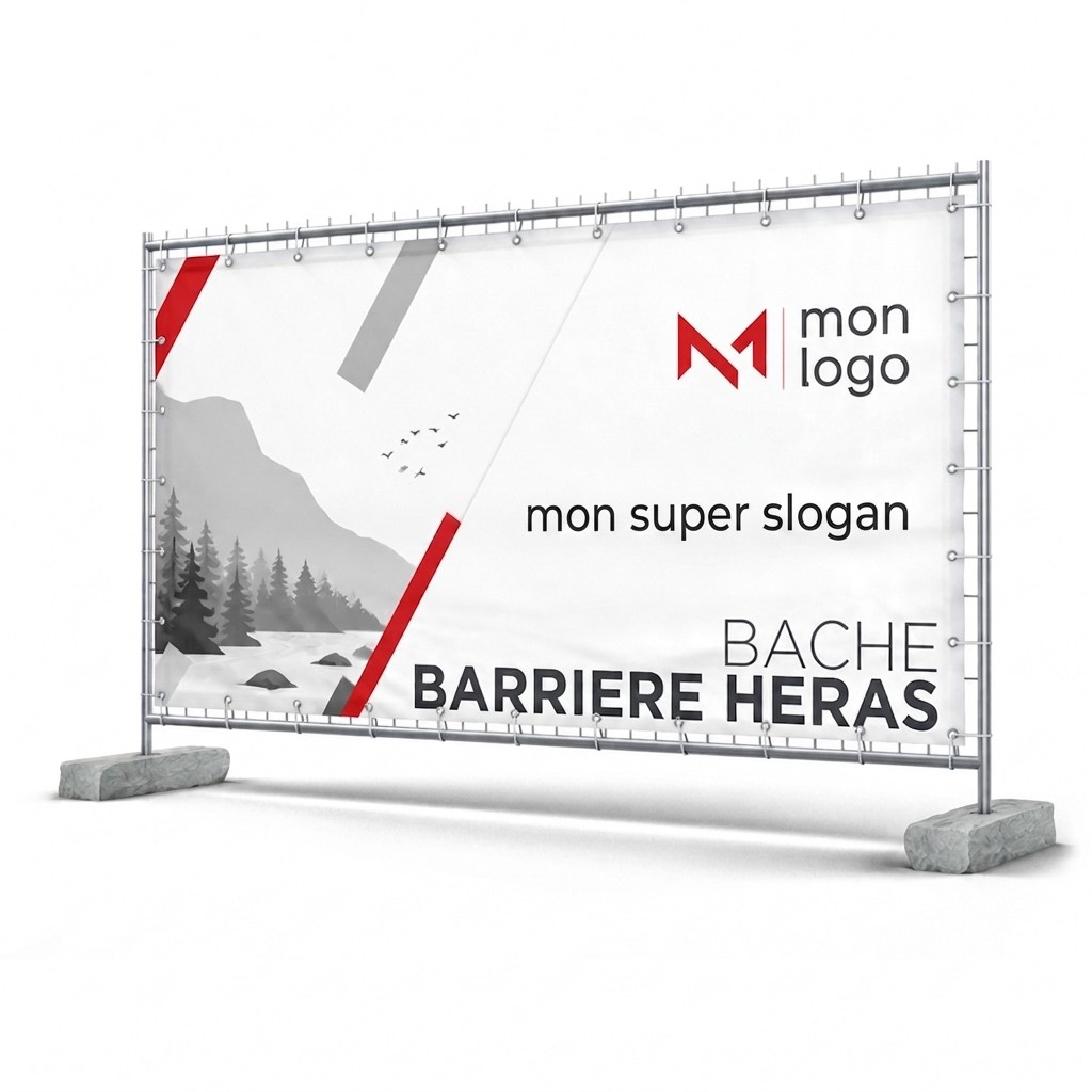 Impression banderole pour barrière et clôture de chantier type HERAS - 340x173 cm, imprimé par Aimosa en Suisse
