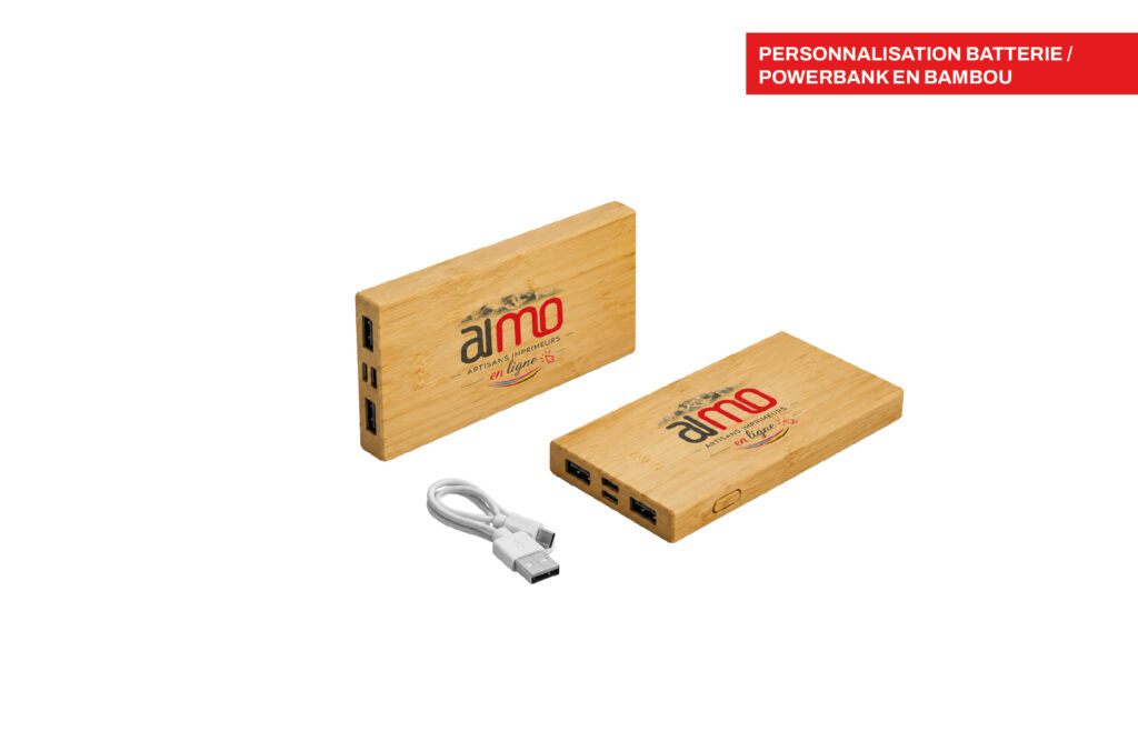 Personnalisation batterie / powerbank en bambou, imprimé par Aimosa en Suisse
