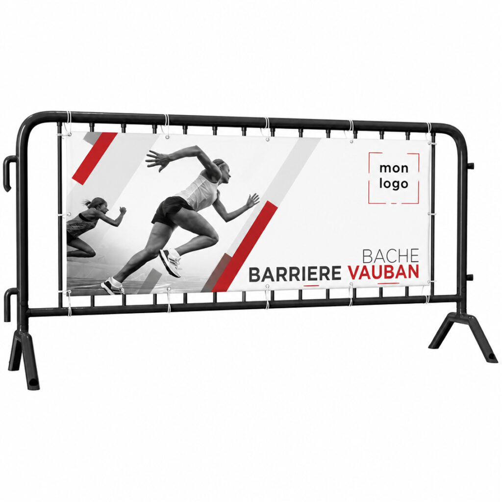 Impression bâche personnalisée pour barrière Vauban - 215x73 cm, imprimé par Aimosa en Suisse