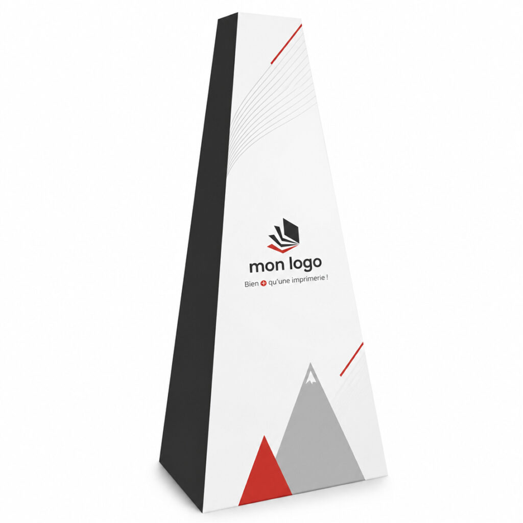 Totem publicitaire pyramide : une visibilité à 360° pour vos promotions, imprimé par Aimosa en Suisse