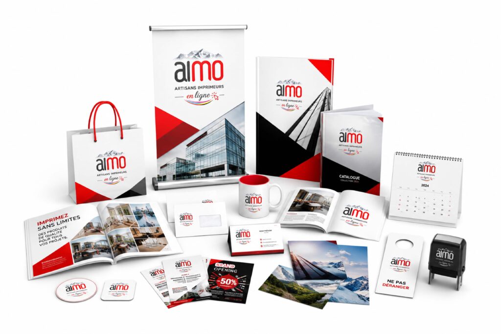 Gamme de supports imprimés Aimosa : roll-up, brochures, sac kraft, cartes de visite, calendrier et tampon